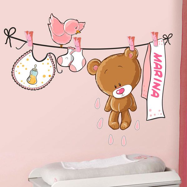 Stickers for Kids: Custom bear on the clothesline pink