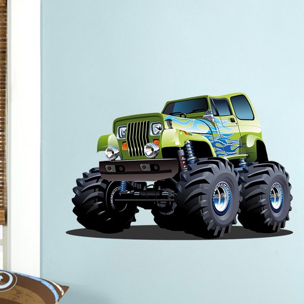 Stickers for Kids: Monster Truck green with blue flames