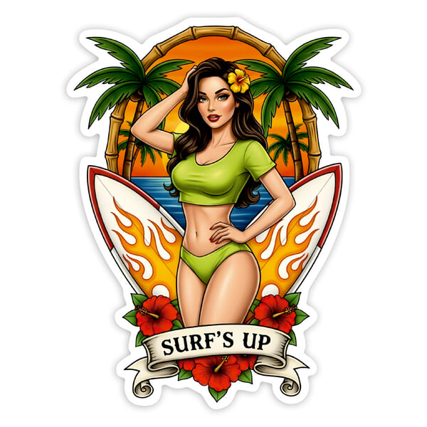 Car & Motorbike Stickers: Surf’s Up Pin-Up Tropical