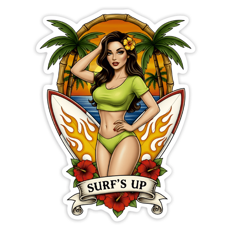 Car & Motorbike Stickers: Surf’s Up Pin-Up Tropical