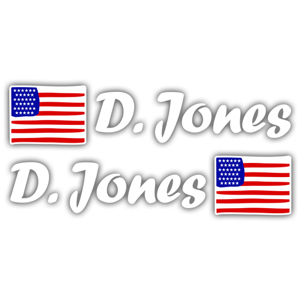 Car & Motorbike Stickers: 2X USA Flags + white  Calligraphic Name