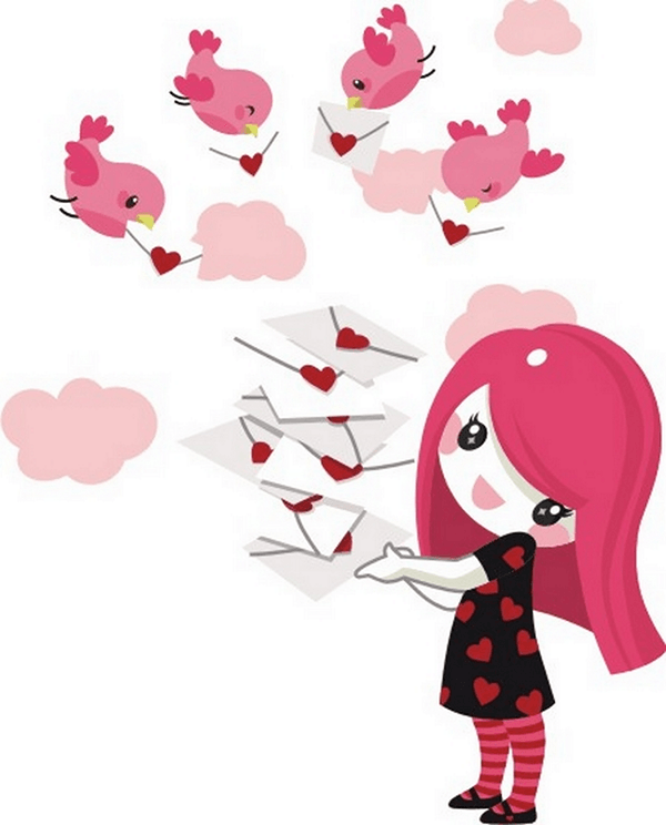 Stickers for Kids: Little girl with color messenger birds