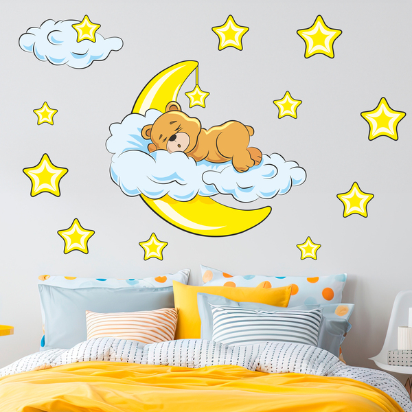Stickers for Kids: Bear in the clouds and moon yellow