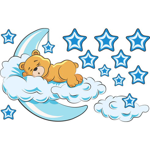 Stickers for Kids: Teddy bear in the clouds and moon blue