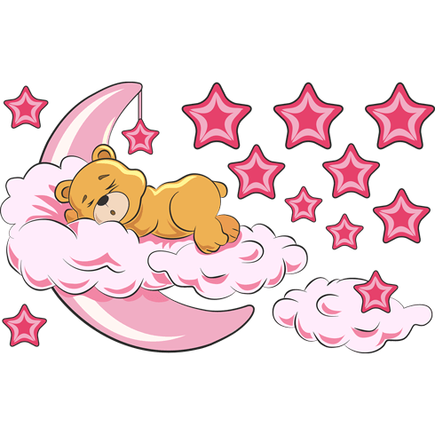 Stickers for Kids: Teddy bear in the clouds and moon pink