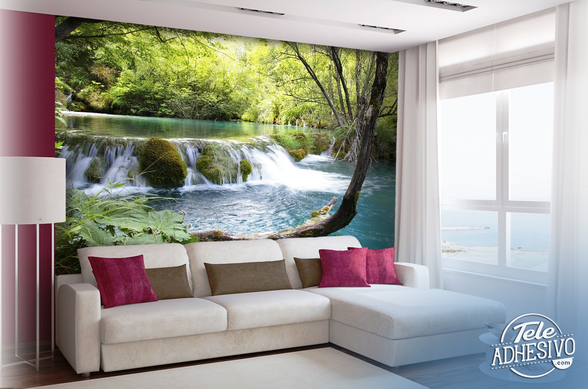 Wall Murals: Vegetation and river with waterfall