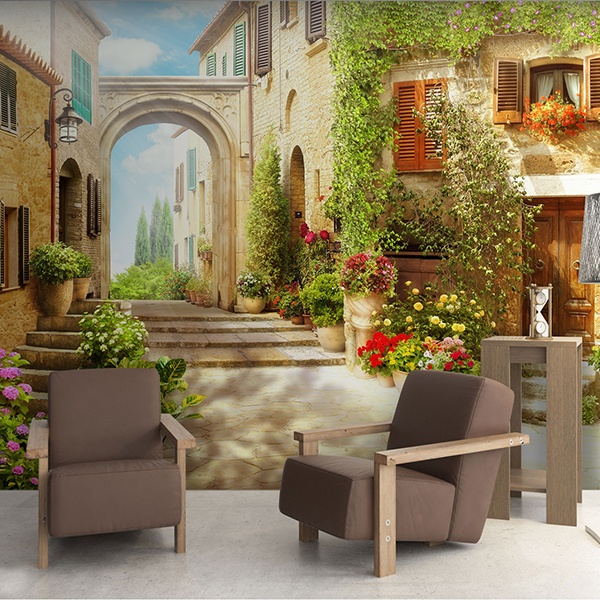Wall Murals: Rustic village with stone arch