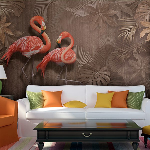 Wall Murals: Flamingos On Brown Background 0