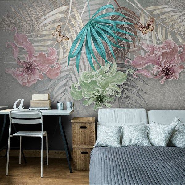 Wall Murals: Coloured Flowers on Grey Background 0