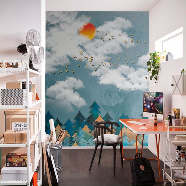 Wall Murals: Pines, Clouds and Birds 0