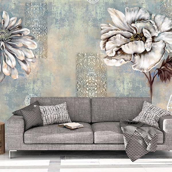 Wall Murals: White Flowers with Print 0