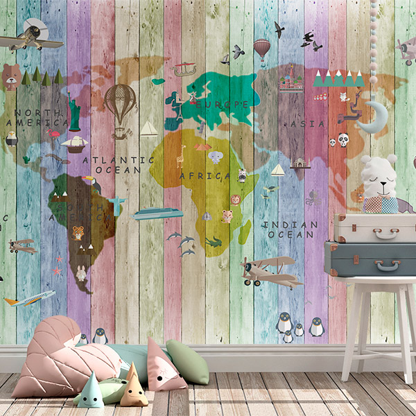 Wall Murals: Children's world map colourful pallets 0