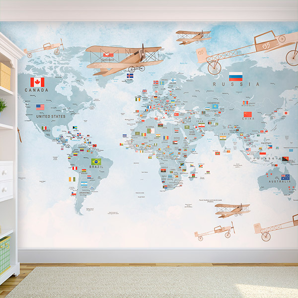 Wall Murals: Children world map with flags and planes 0