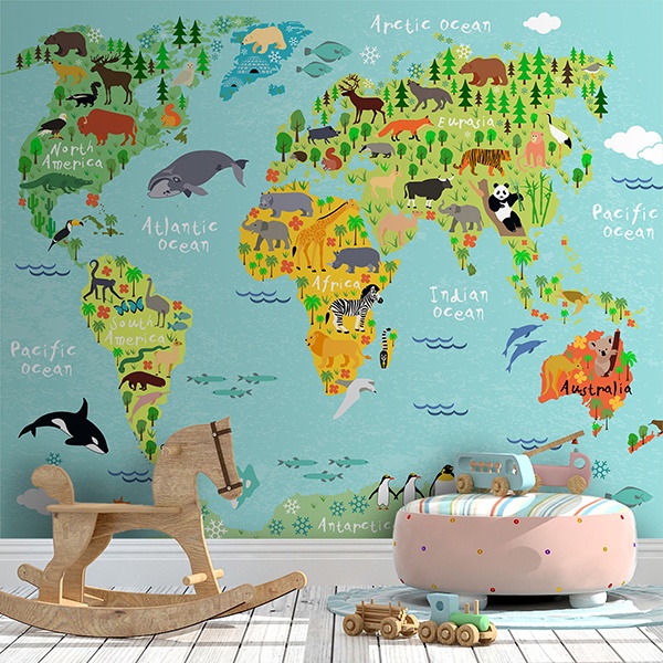 Kids wall sticker world map children's continents and animals |  