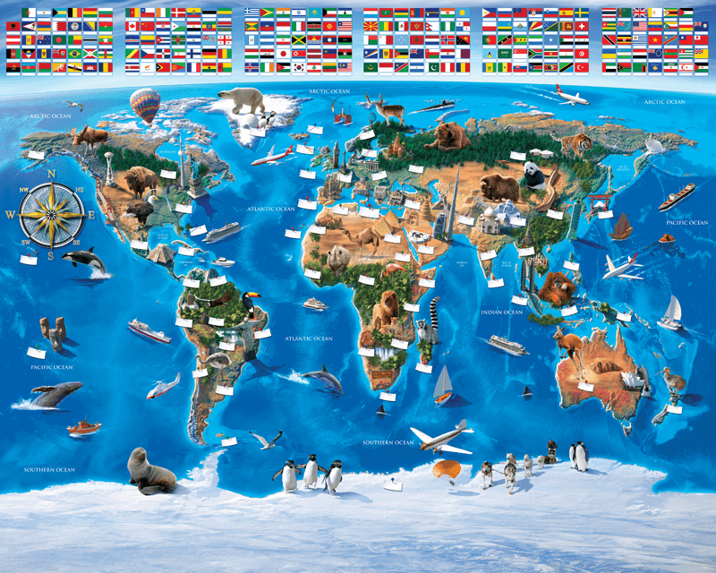 Wall Murals: World map for children Flags