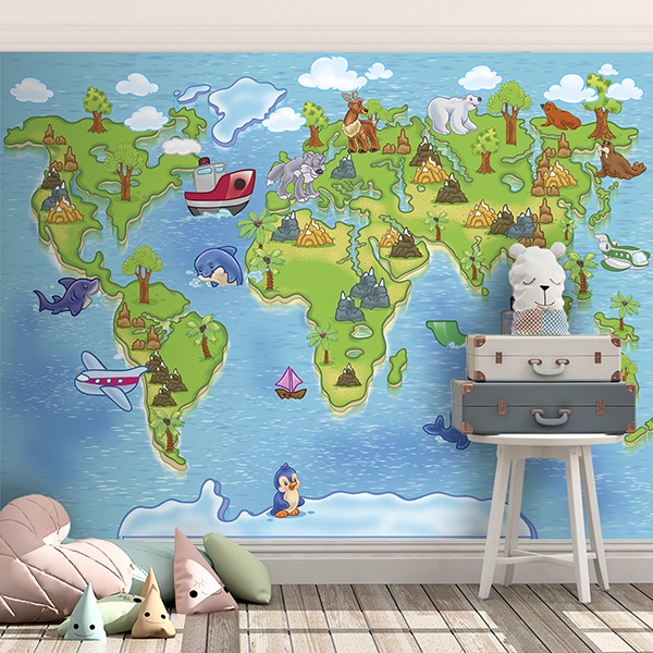 Wall Murals: Animal world map animals