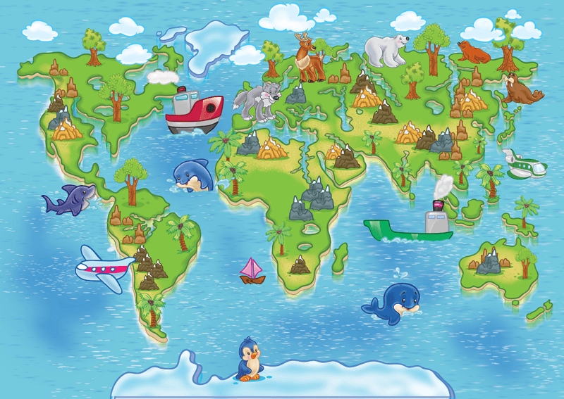 Wall Murals: Animal world map animals