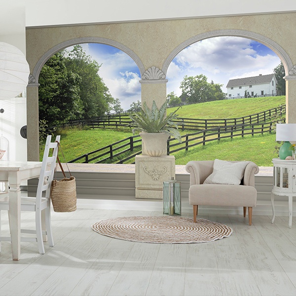 Wall Murals: Green meadow and farmhouse 0