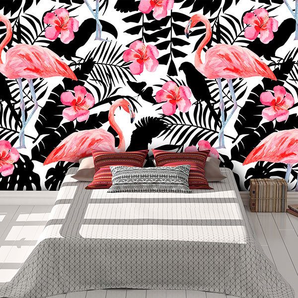 Wall Murals: Printed of Flamingos and flowers