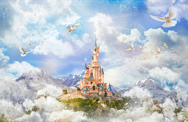 Wall Murals: Disney Castle between fog and mountains