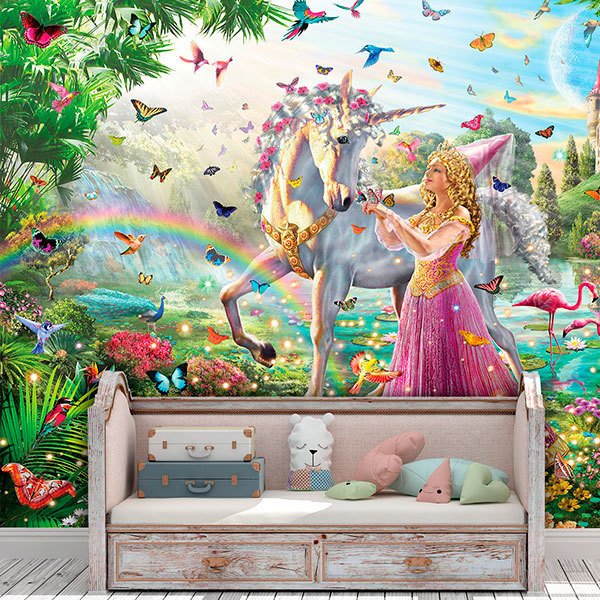 Wall Murals: Princess and unicorn in a magical garden