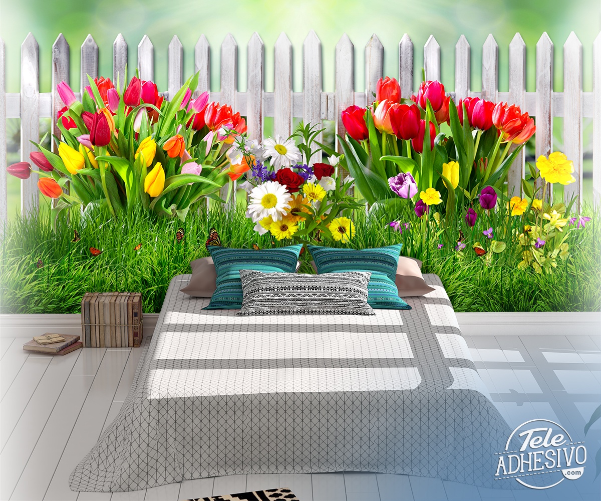 Wall Murals: Fence with tulips