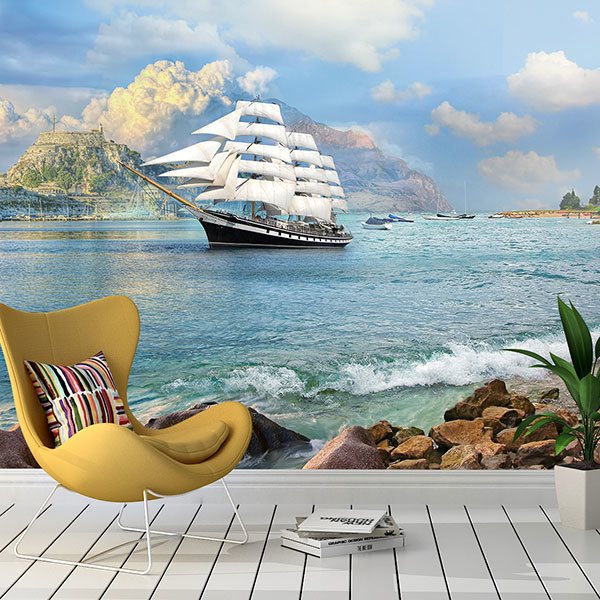 Wall Murals: Sailboat by the coast 0