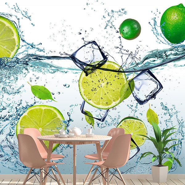 Wall Murals: Limes splashing in water
