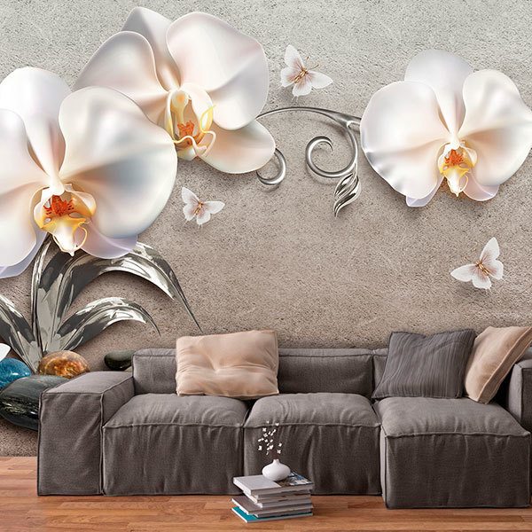 Wall Murals: White orchids and butterflies
