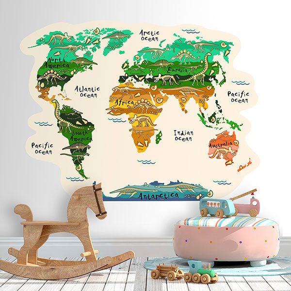 Stickers for Kids: World map continents and dinosaurs