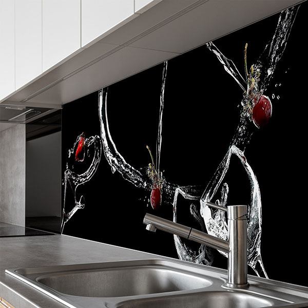 Wall Murals: Composition of glasses, water jets and red fruits