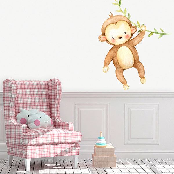 Stickers for Kids: Monkey with branch in watercolor
