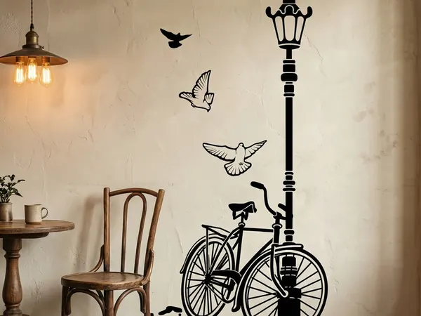Bicycle, street lamp and doves wall sticker on a wall