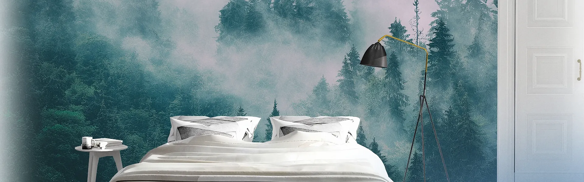 Misty pine forest wall mural in a bedroom