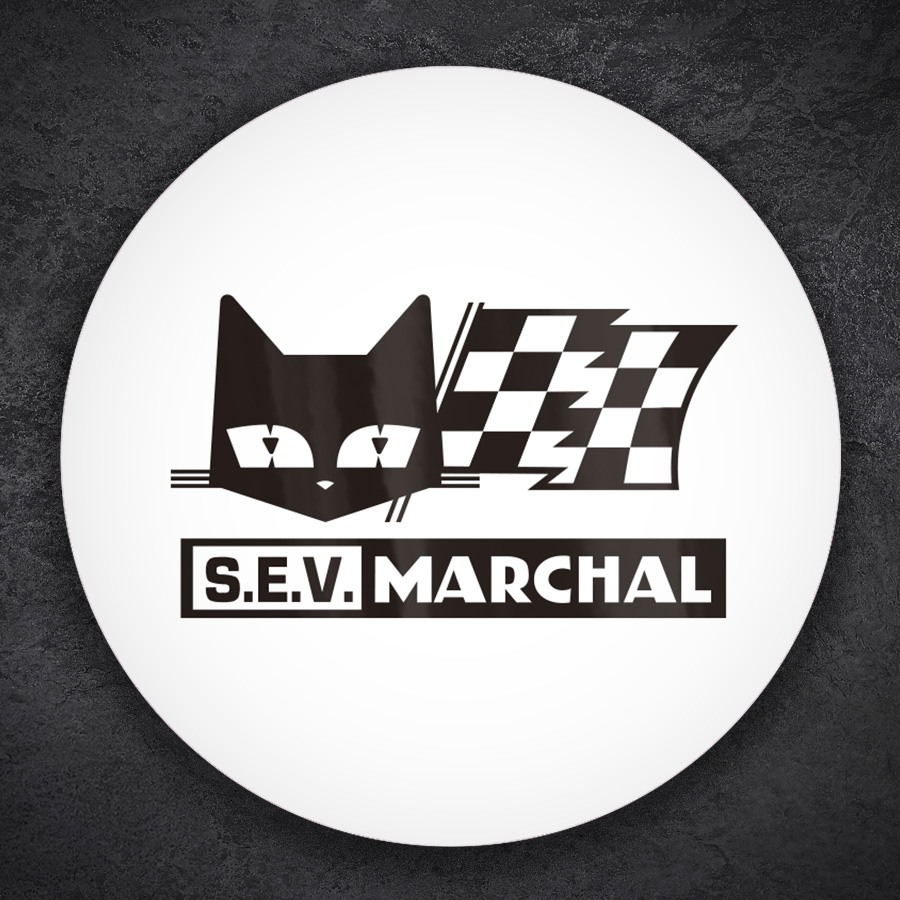 Car & Motorbike Stickers: Cat Head with Flags and S.E.V. MARCHAL Text