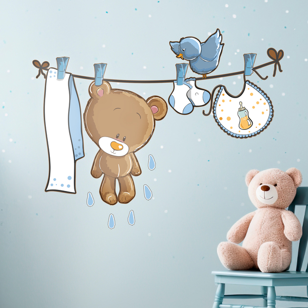 Stickers for Kids: Little bear and bird on the clothesline