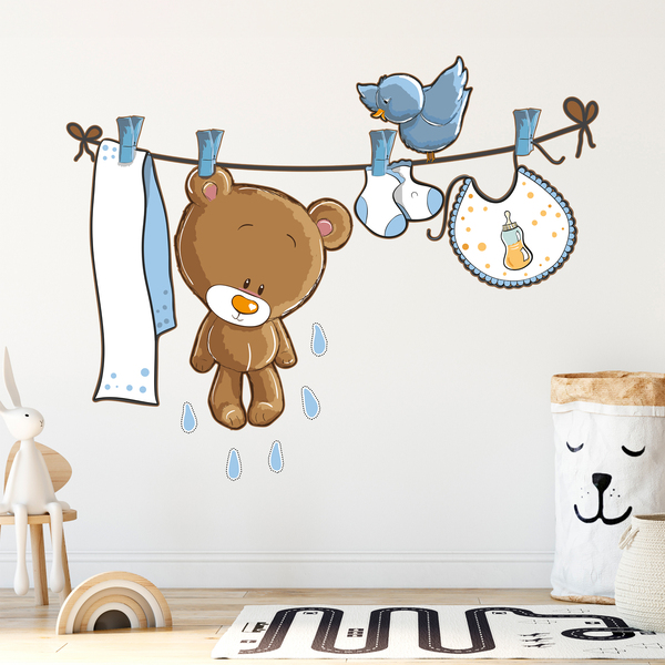 Stickers for Kids: Little bear and bird on the clothesline