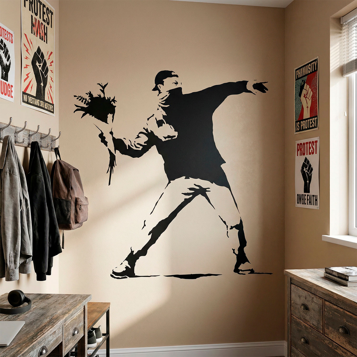 Wall Stickers: Banksy Flower Throwing Protest