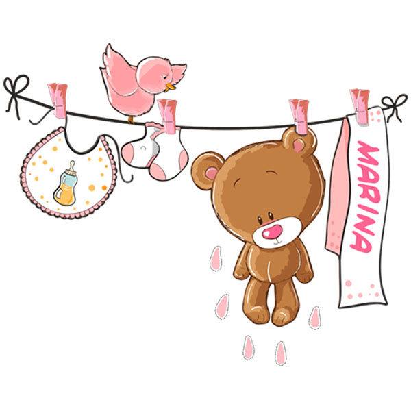 Stickers for Kids: Custom bear on the clothesline pink