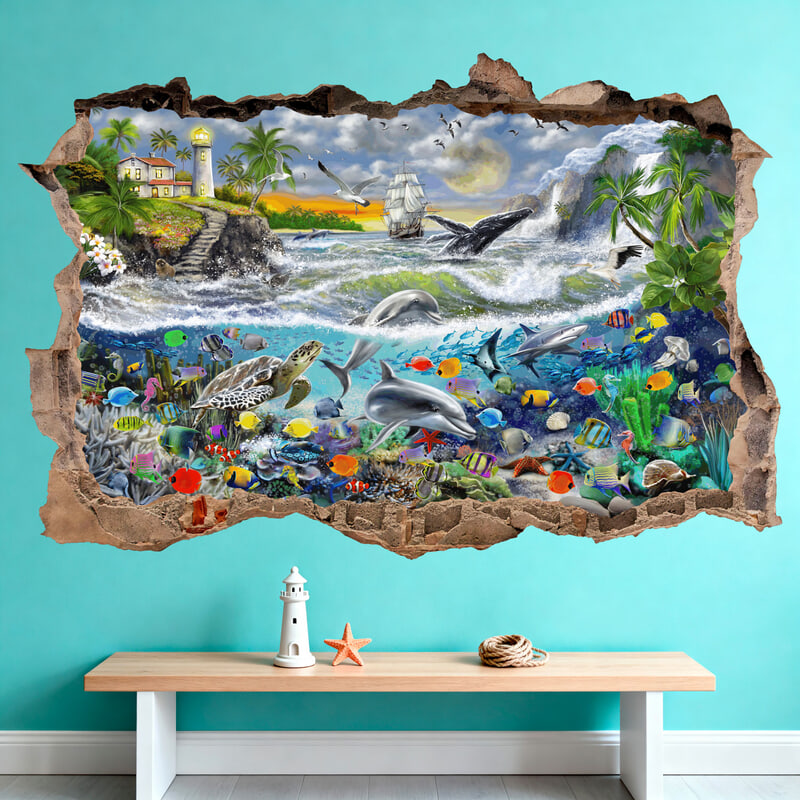 Wall Stickers: Wall Hole Lighthouse and Marine World