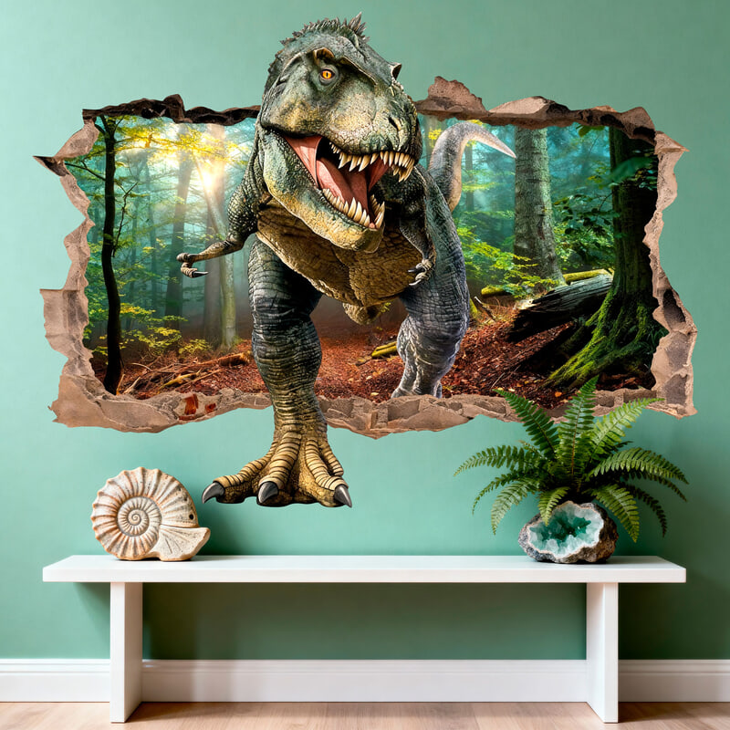 Stickers for Kids: Wall Hole T-Rex Dinosaur in Jurassic Forest
