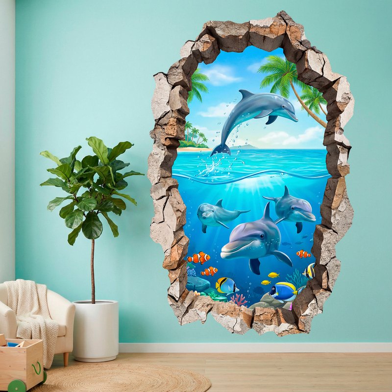 Wall Stickers: Wall Hole Tropical Dolphins