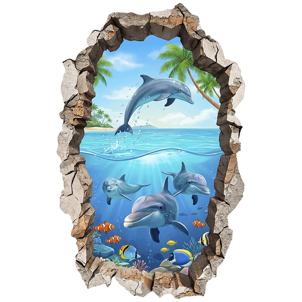 Wall Stickers: Wall Hole Tropical Dolphins