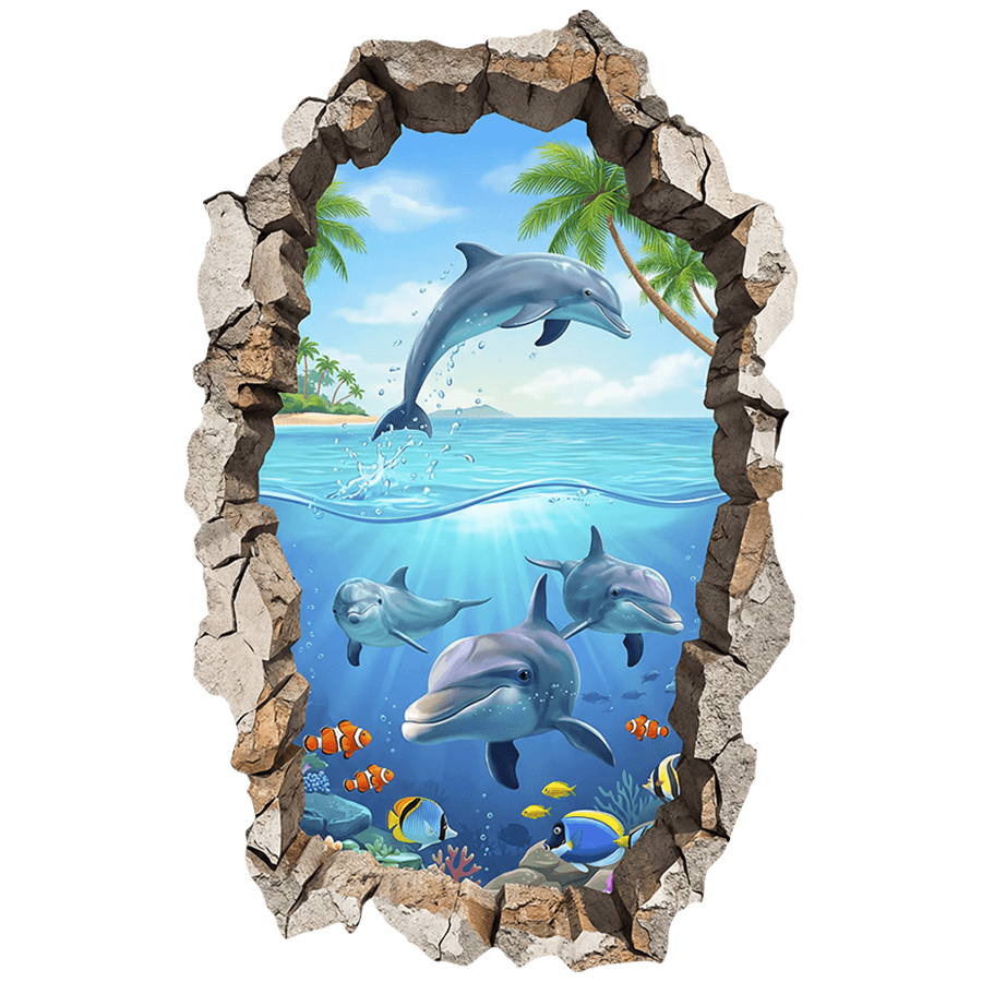 Wall Stickers: Wall Hole Tropical Dolphins