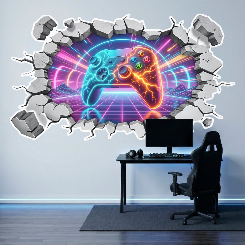 Wall Stickers: Wall Hole Neon Gamer Controller
