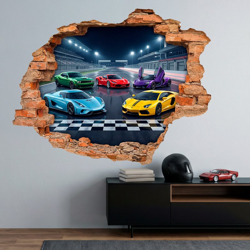 Wall Stickers: Wall Hole Supercars on Night Racetrack