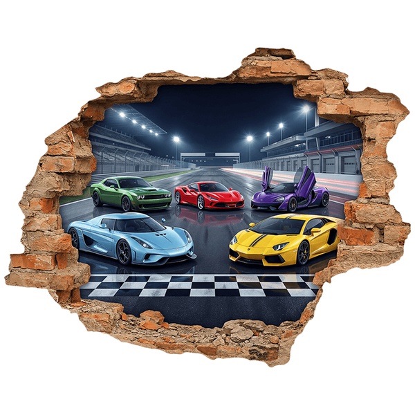 Wall Stickers: Wall Hole Supercars on Night Racetrack