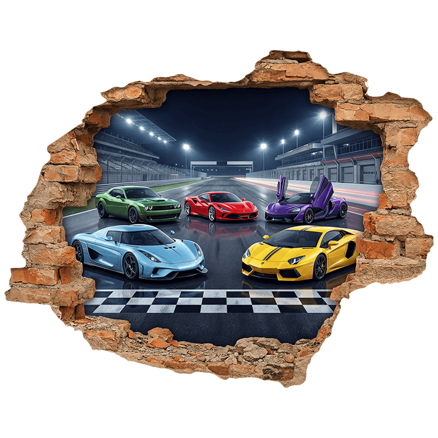 Wall Stickers: Wall Hole Supercars on Night Racetrack