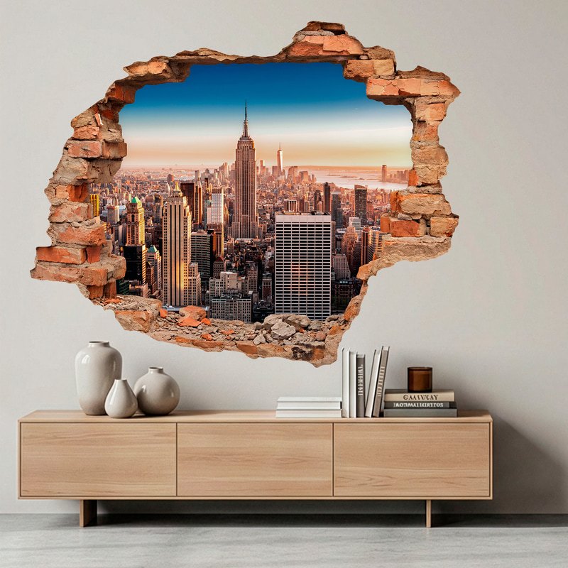 Wall Stickers: Wall Hole New York Skyline at Sunset