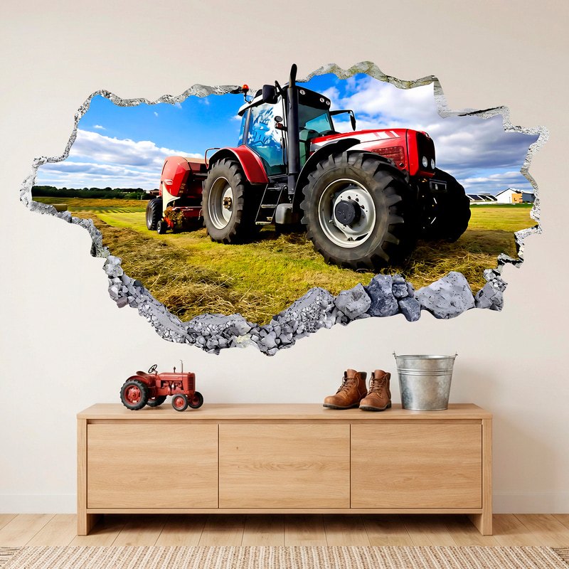 Wall Stickers: Wall Hole Red Tractor in the Field